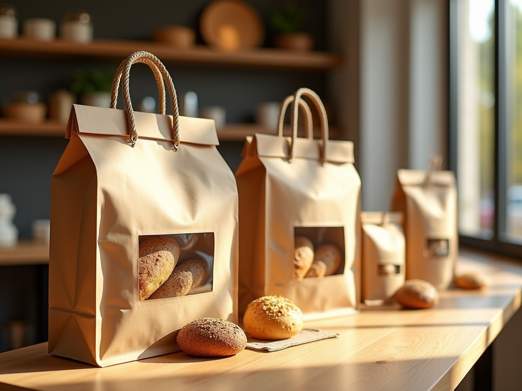 Sacos alimentares de papel kraft e plástico para padarias, talhos e supermercados